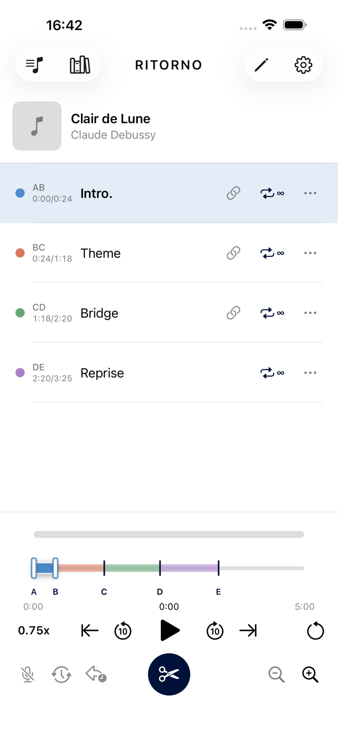 Ritorno practice screen: pick one color-coded loop and repeat that range on the seek bar