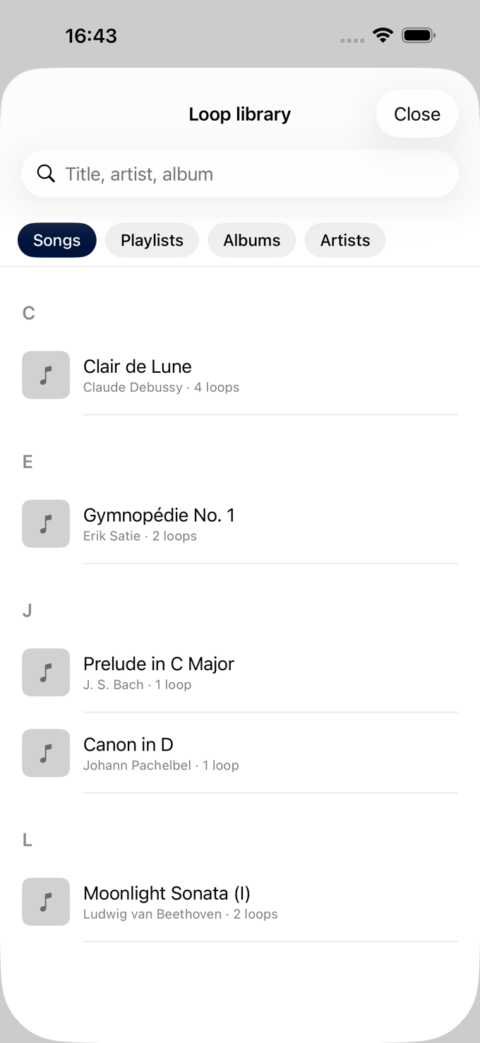 Ritorno loop library: the loops you practiced are kept per song